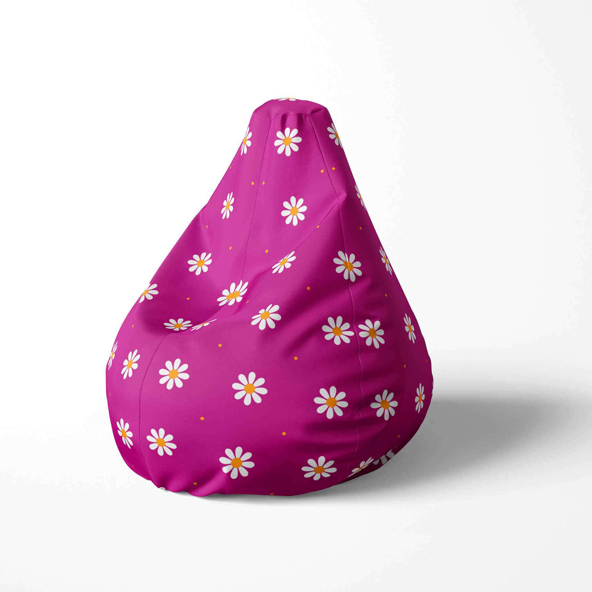 A left side image of a white and pink floral beanbag on a white background