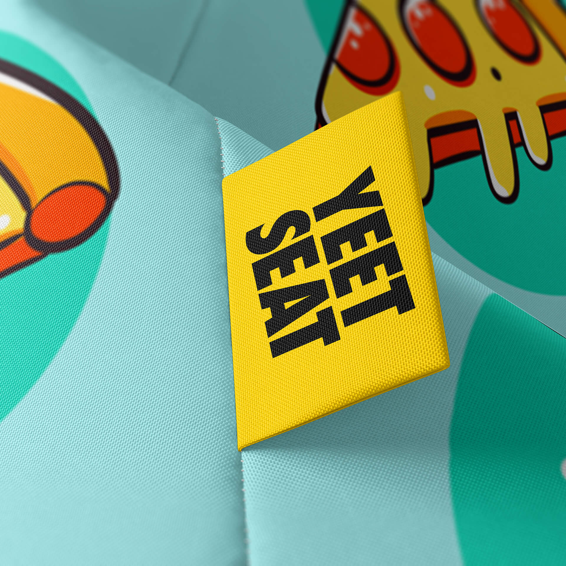 A vibrant Yeet Seat label on a bean bag side