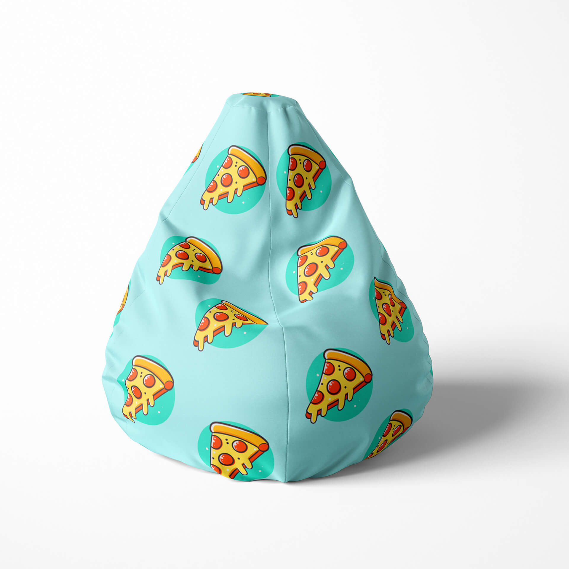 Front image of a beanbag with pizza slice pattern on a blue background