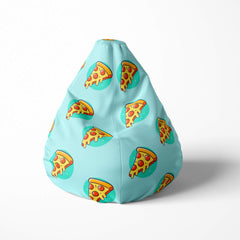 Front image of a beanbag with pizza slice pattern on a blue background