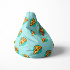 Right image of a beanbag with pizza slice pattern on a blue background