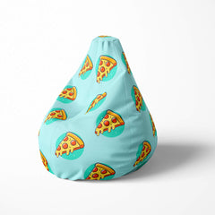Left image of a beanbag with pizza slice pattern on a blue background