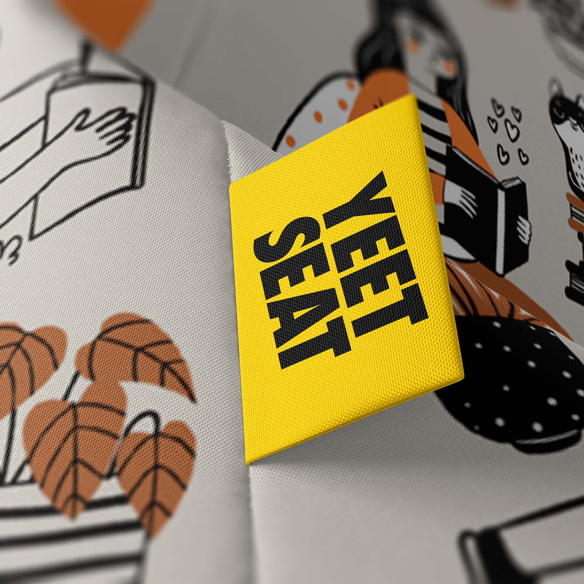 A vibrant Yeet Seat label on a bean bag side.