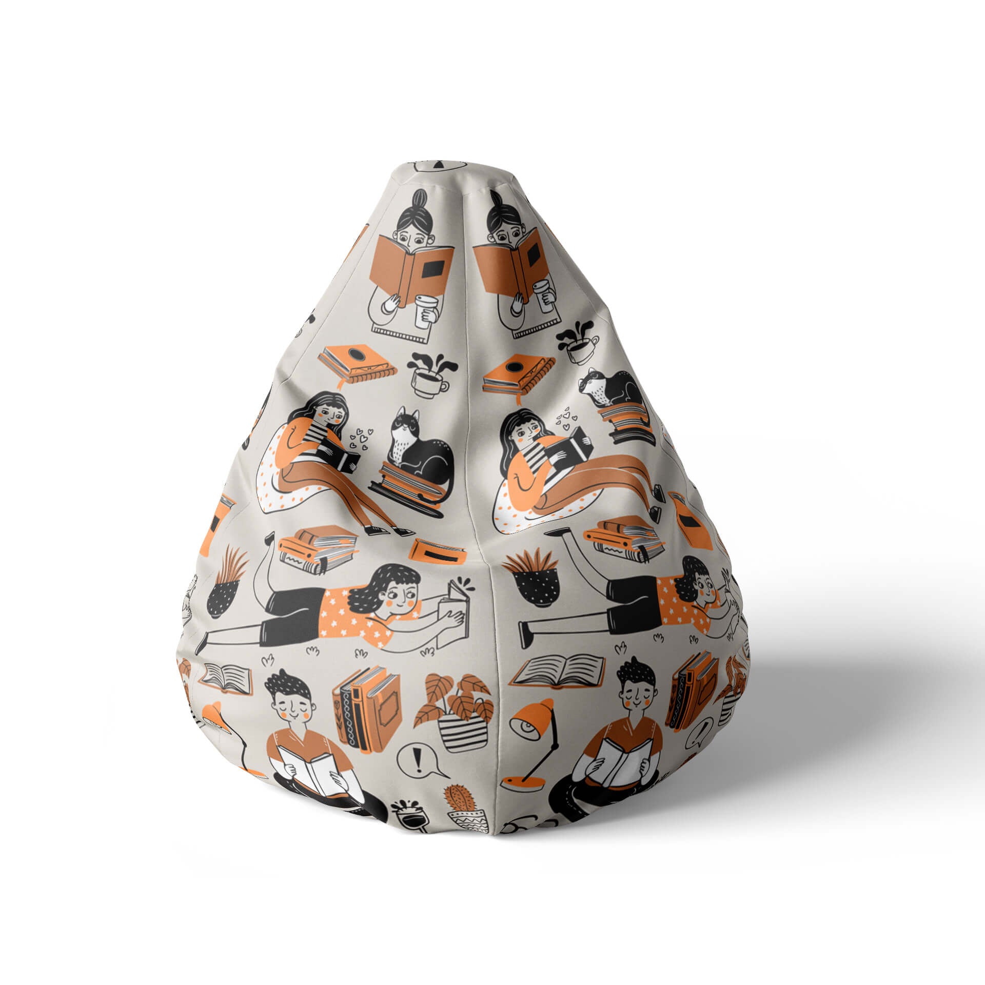 A front view image of a beanbag with books and readers on a white background.