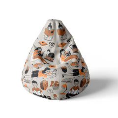 A front view image of a beanbag with books and readers on a white background.