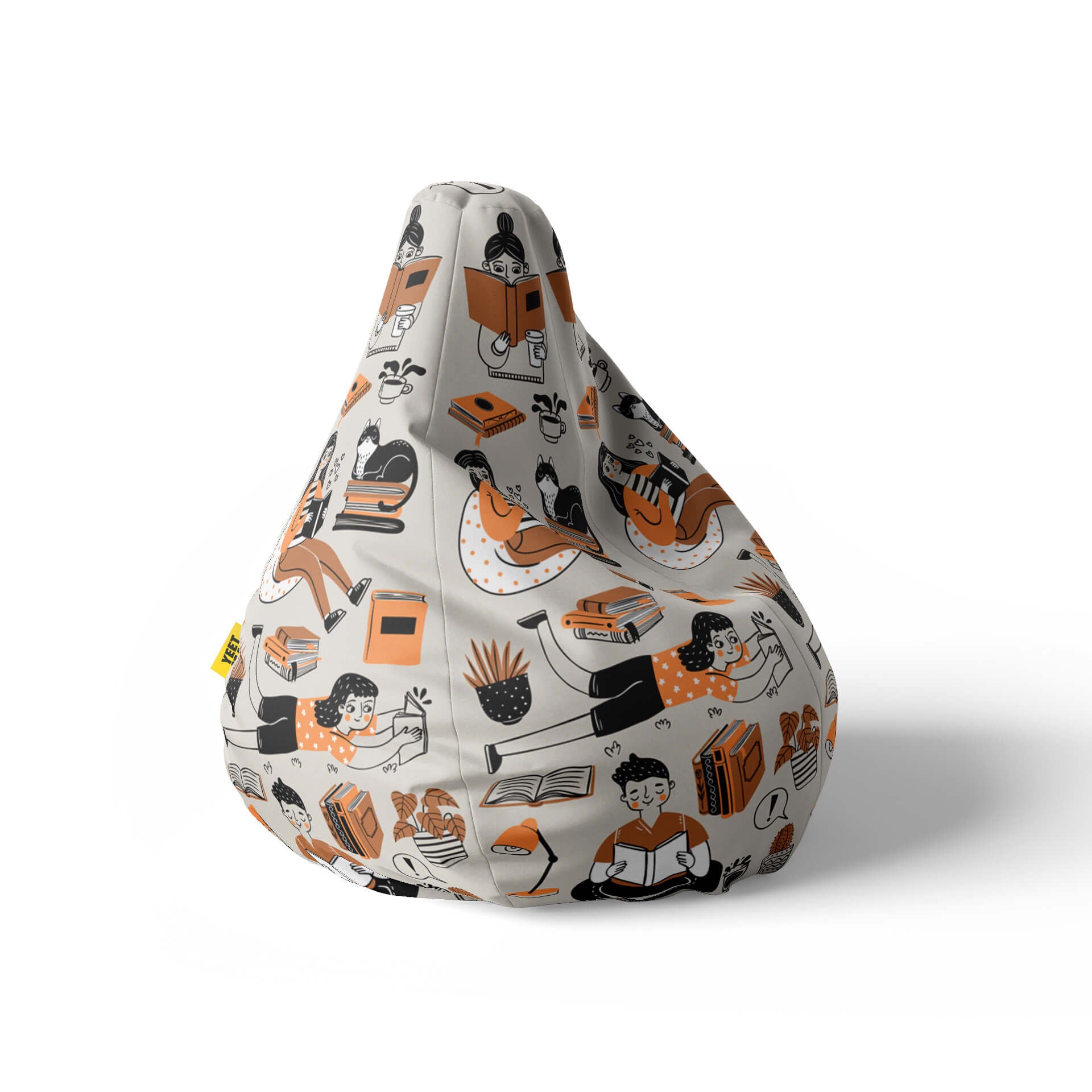 A right side image of a beanbag with books and readers on a white background.