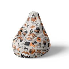 A left side image of a beanbag with books and readers on a white background.