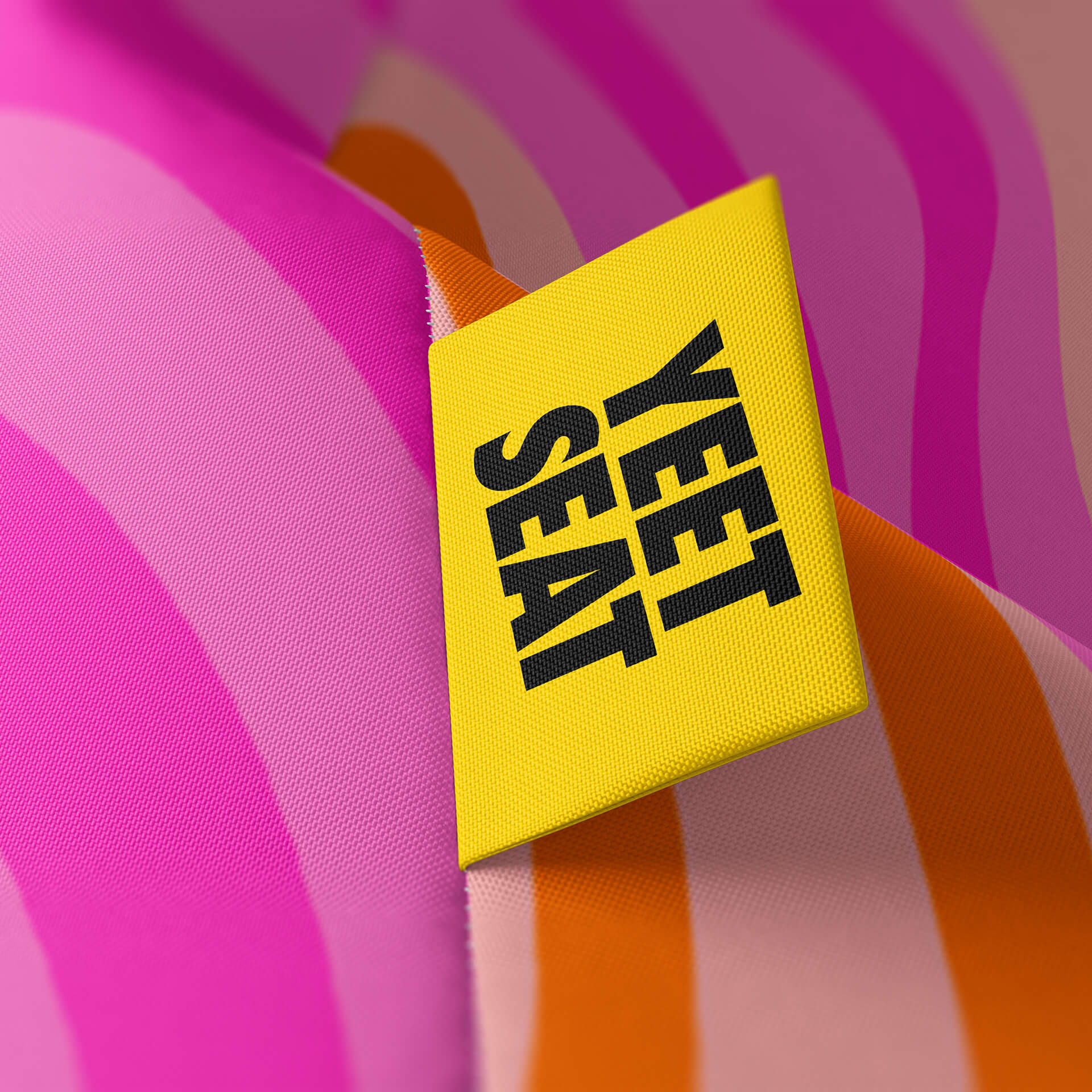 A vibrant Yeet Seat label on a bean bag side. 