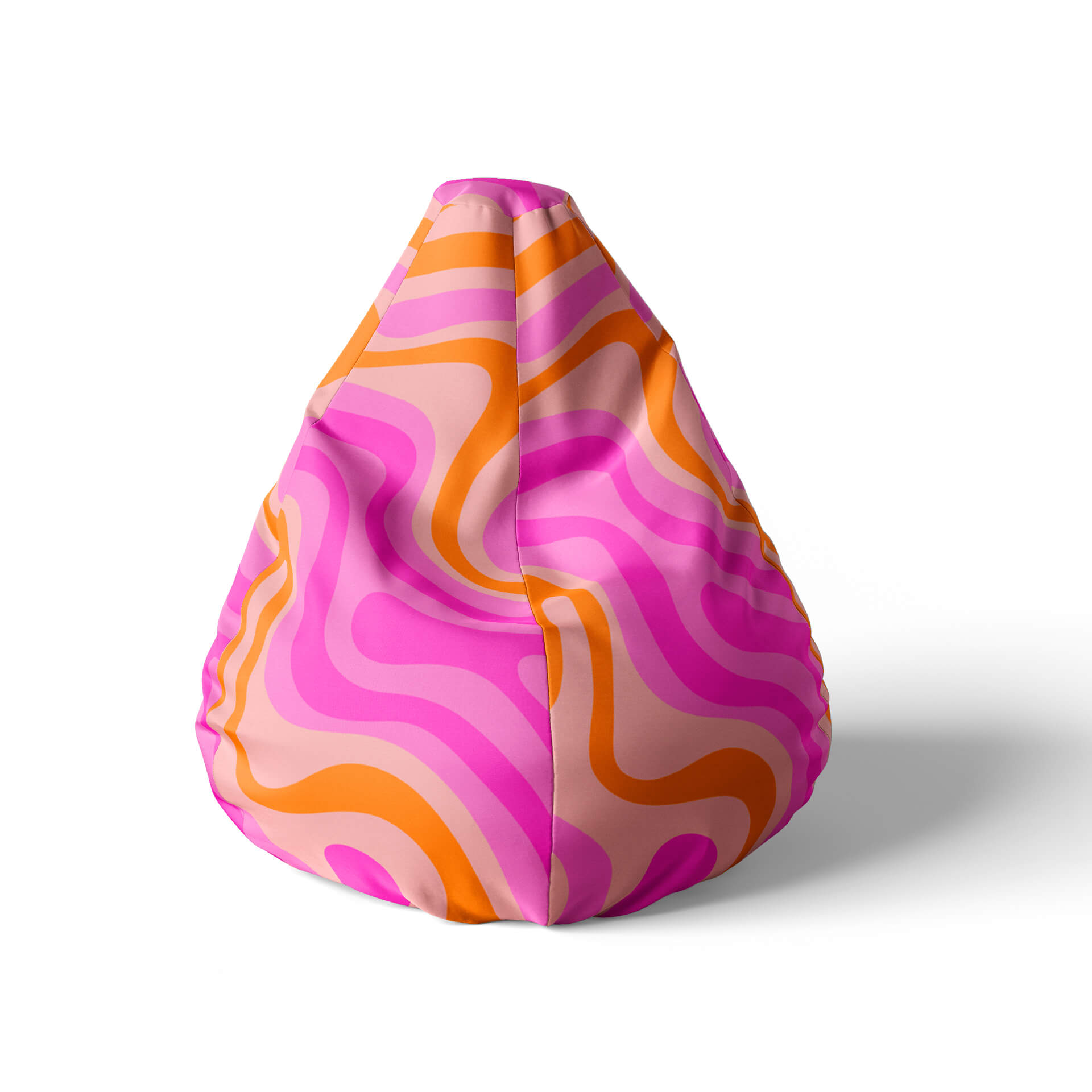 A front view image of a beanbag with pink and orange swirls on a white background.