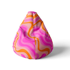 A front view image of a beanbag with pink and orange swirls on a white background.
