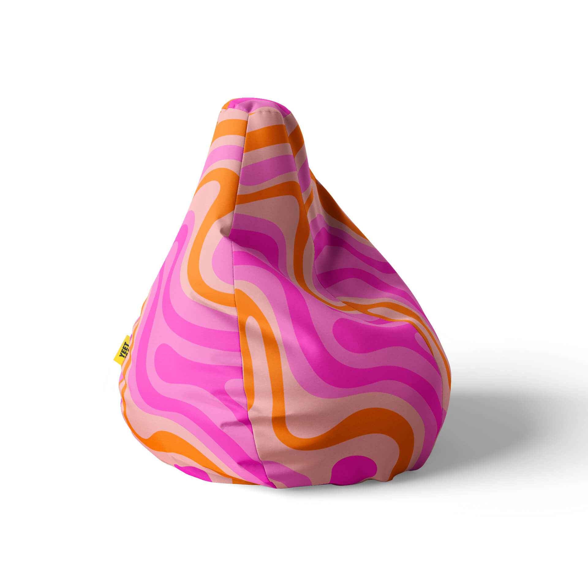 A rights side image of a beanbag with pink and orange swirls on a white background.