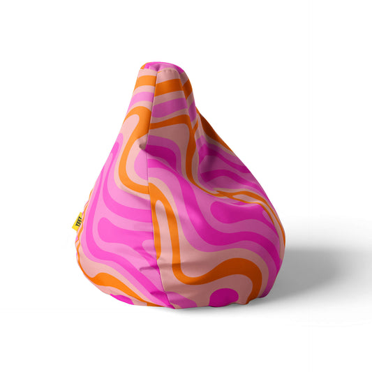 A rights side image of a beanbag with pink and orange swirls on a white background.