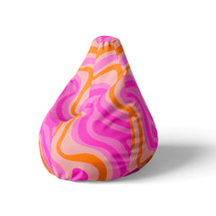 A left side image of a beanbag with pink and orange swirls on a white background.
