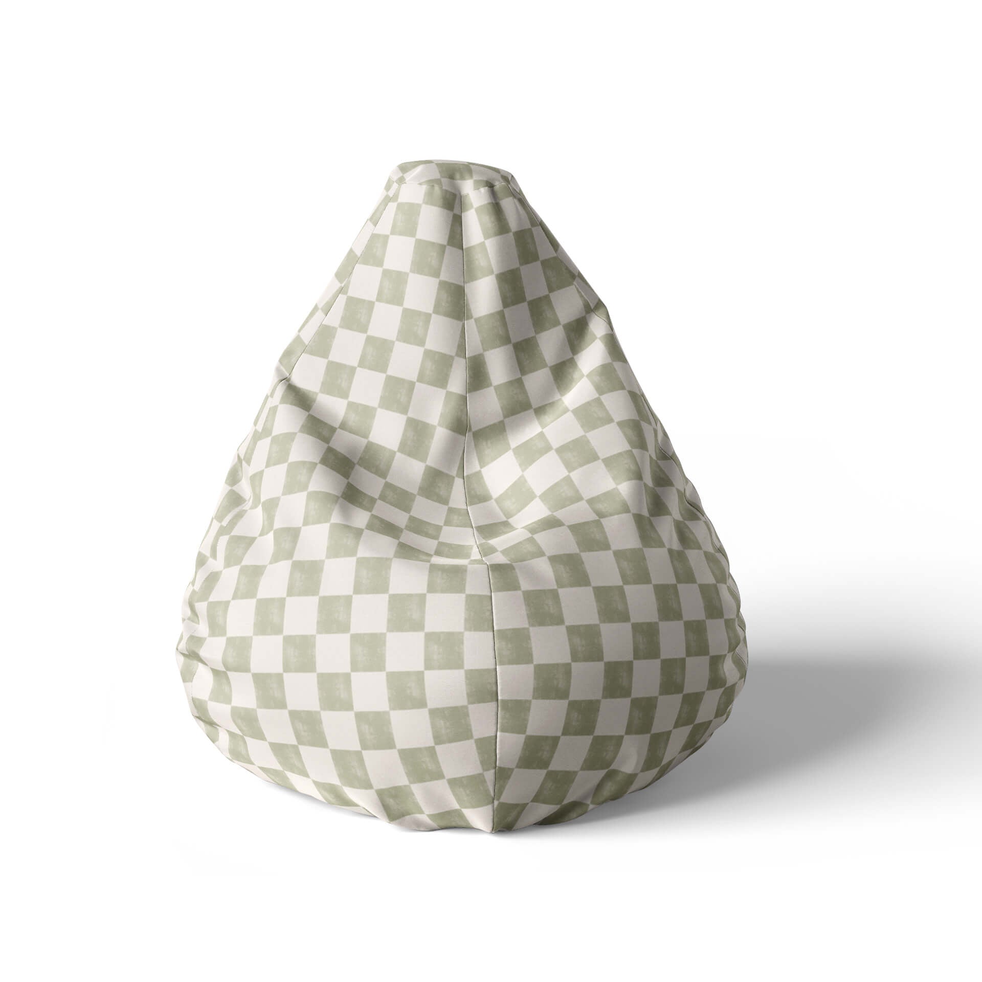 A front view image of a sage checkered beanbag on a white background.