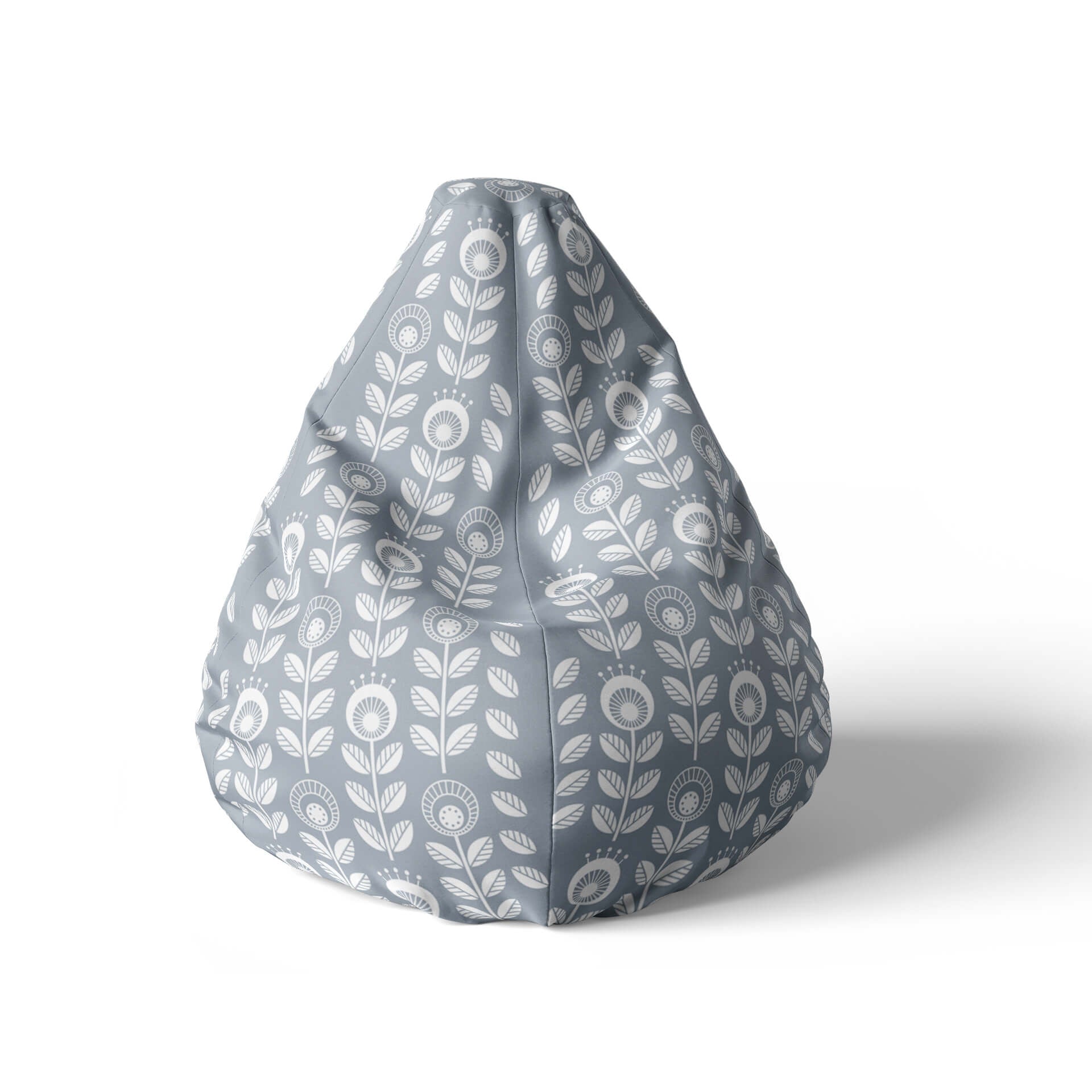 A front view image of a grey beanbag with floral patterns on a white background.