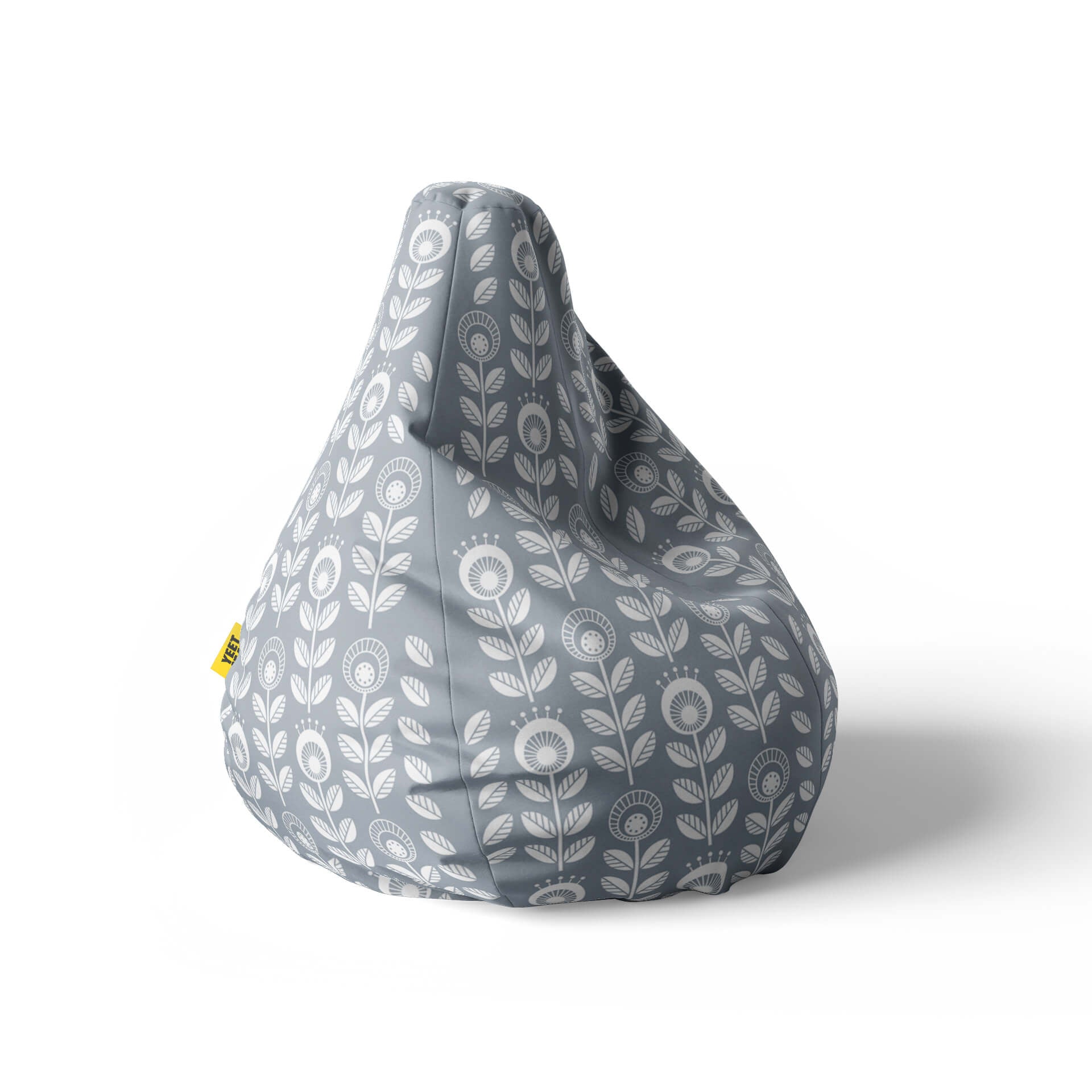 A right side image of a grey beanbag with floral patterns on a white background.