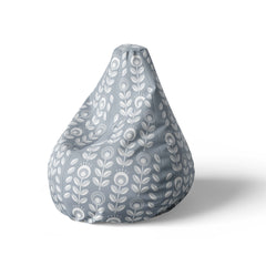 A left side image of a grey beanbag with floral patterns on a white background.