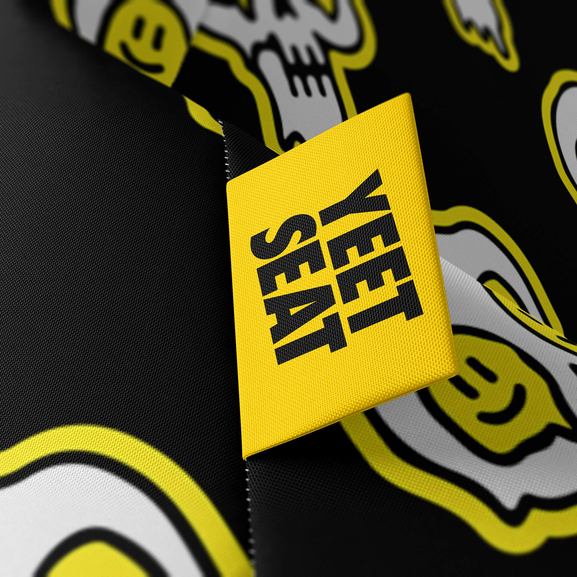 A vibrant Yeet Seat label on a bean bag side