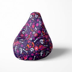 Left image of a beanbag with skulls, flowers, and bones on a purple background.