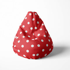 Front image of a beanbag with white polka dots on a red background.
