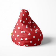 Right image of a beanbag with white polka dots on a red background.