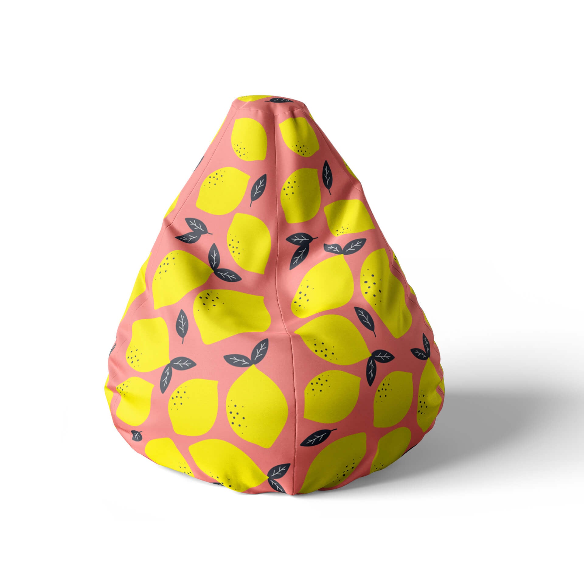 A front view image of a pink beanbag with lemon prints on a white background.