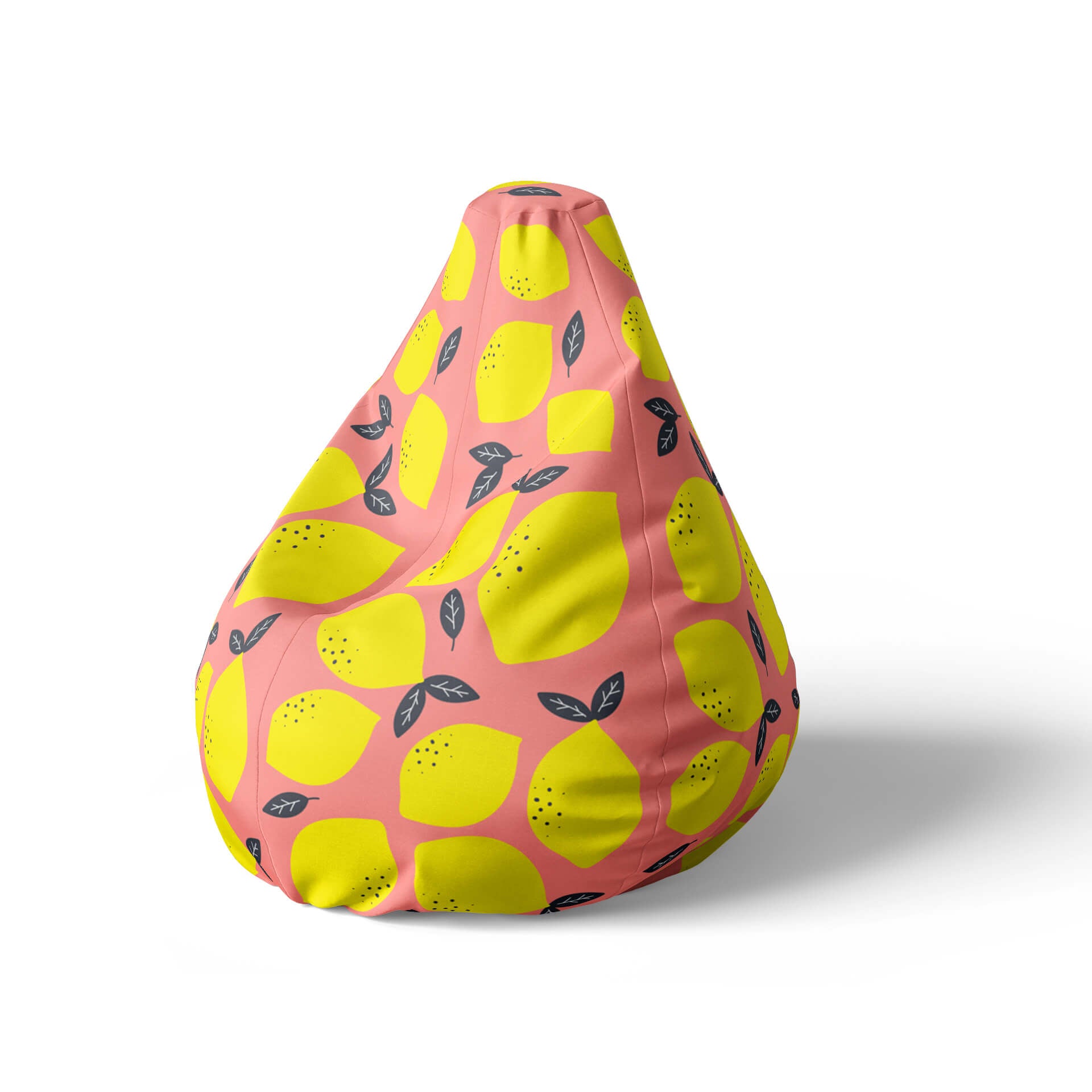 A left side image of a pink beanbag with lemon prints on a white background.