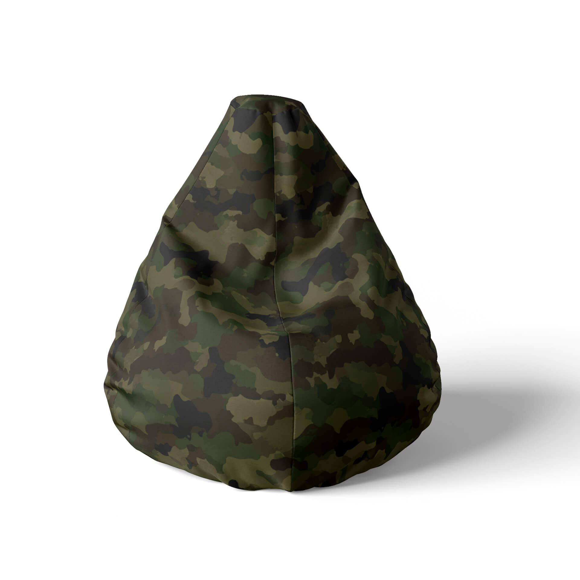 A front view image of a camouflage beanbag on a white background