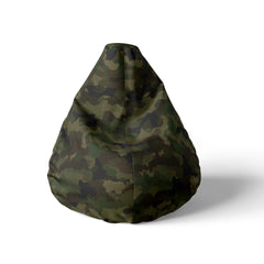 A front view image of a camouflage beanbag on a white background
