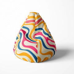 Front image of a beanbag with a retro swirl pattern in pink, blue, yellow, and cream