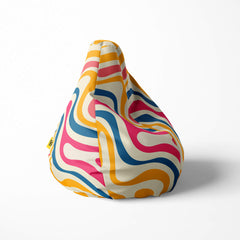 Right image of a beanbag with a retro swirl pattern in pink, blue, yellow, and cream