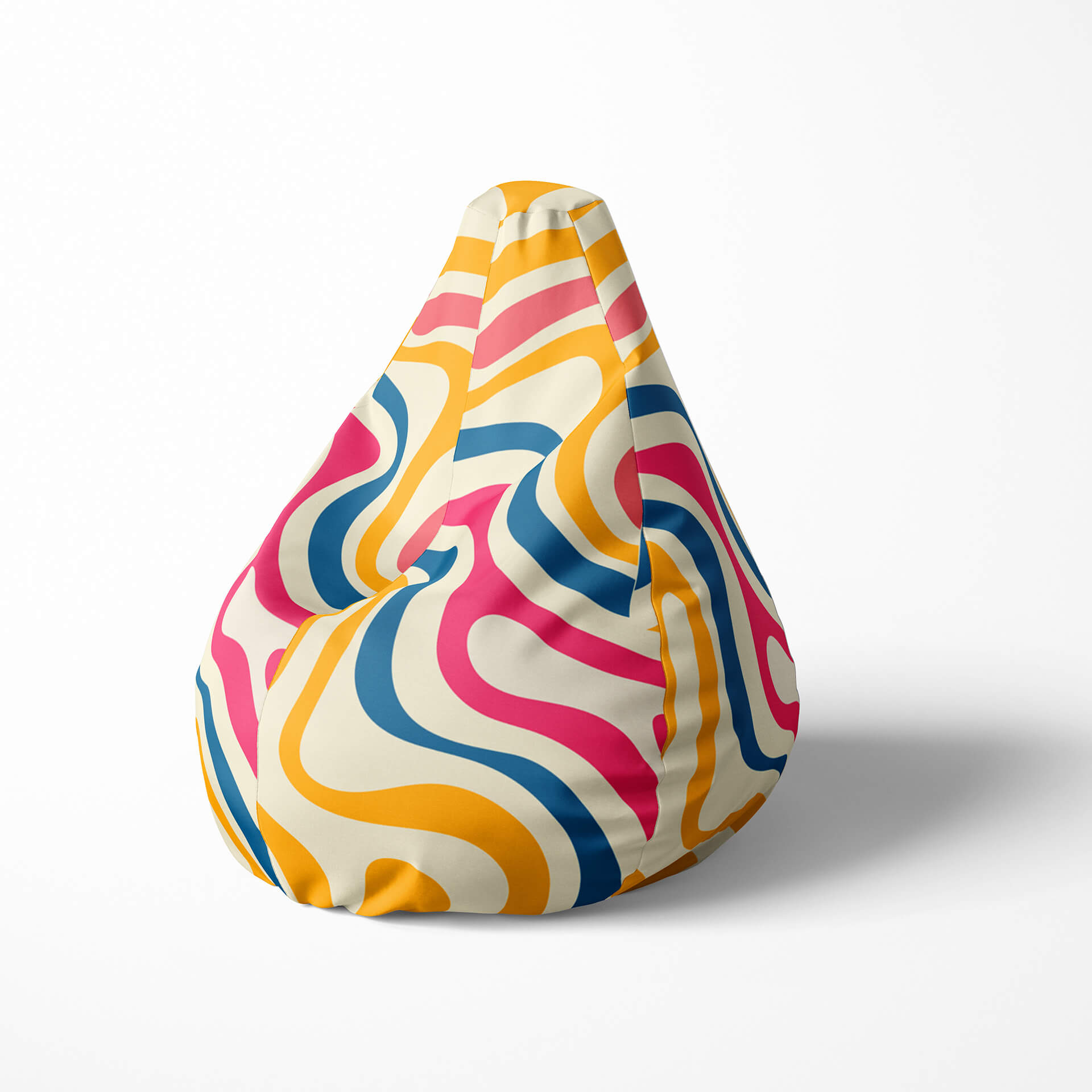 Left image of a beanbag with a retro swirl pattern in pink, blue, yellow, and cream