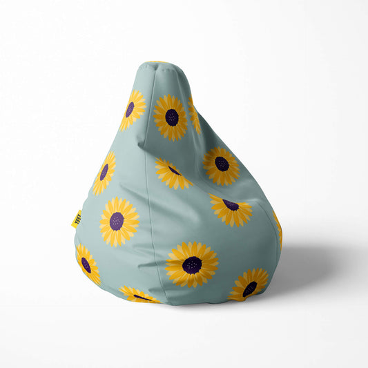 Right image of a beanbag with sunflowers on a light blue background.