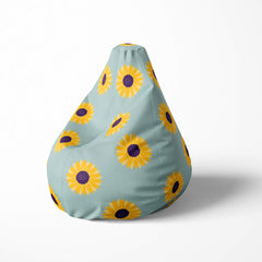 Left image of a beanbag with sunflowers on a light blue background.