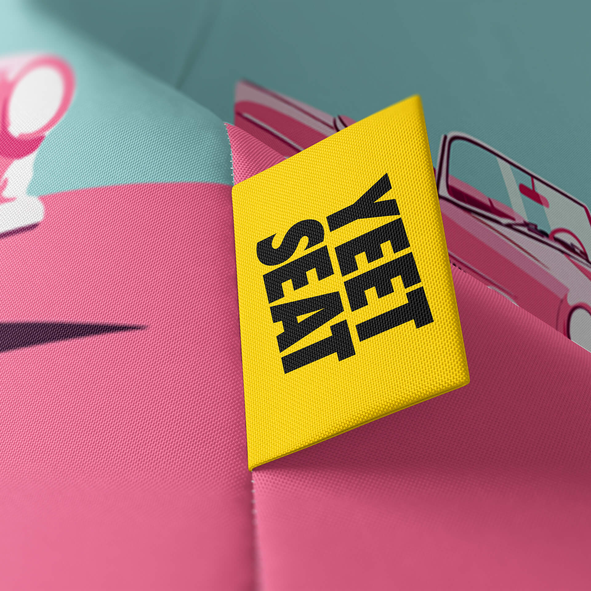 A vibrant Yeet Seat label on a bean bag side.