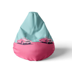 A front view image of a vintage car pink and blue beanbag on a white background.