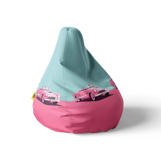 A right side image of a vintage car pink and blue beanbag on a white background.