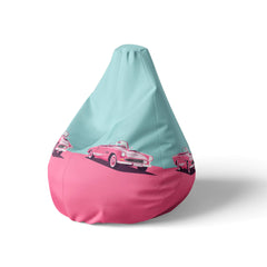 A left side image of a vintage car pink and blue beanbag on a white background.