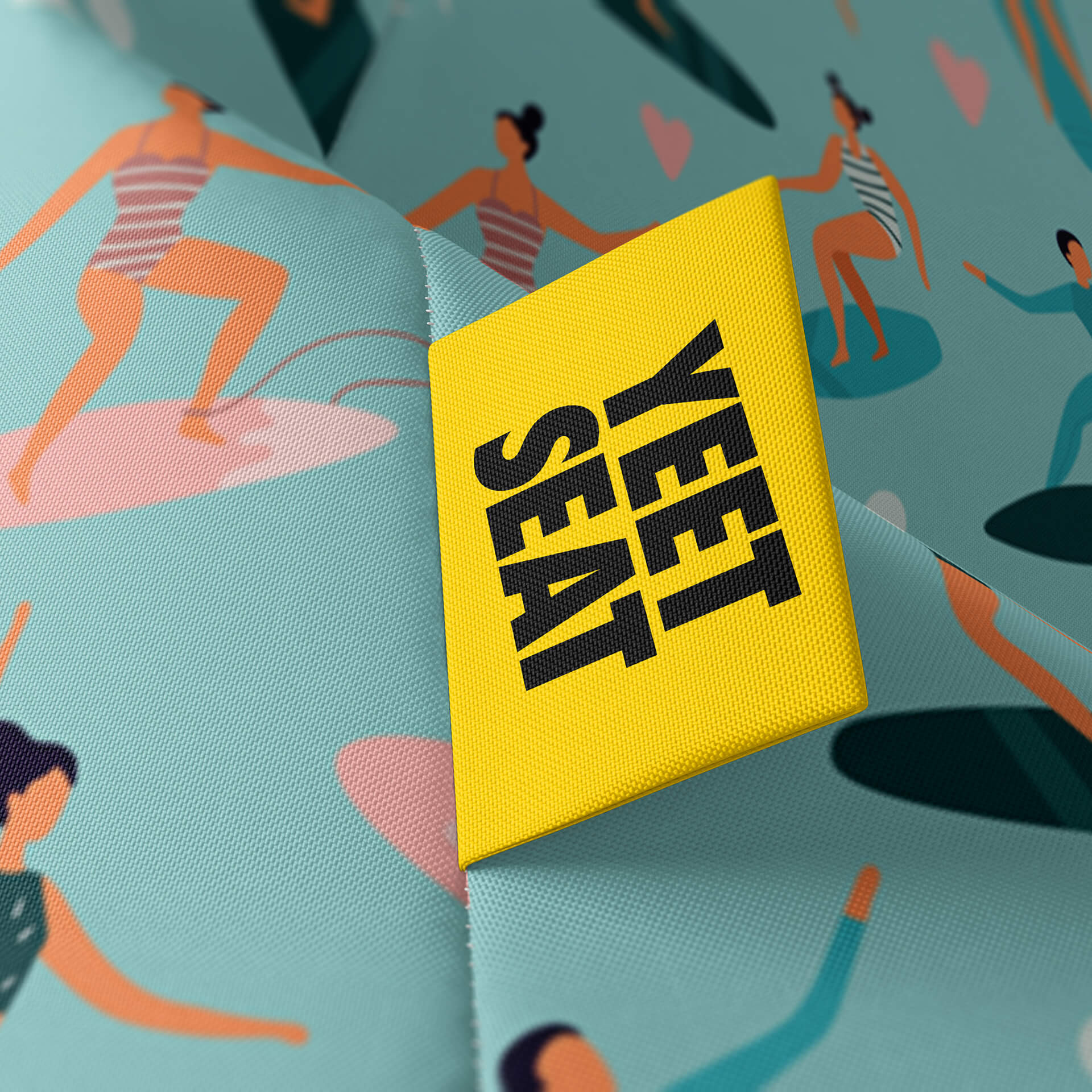 A vibrant Yeet Seat label on a bean bag side