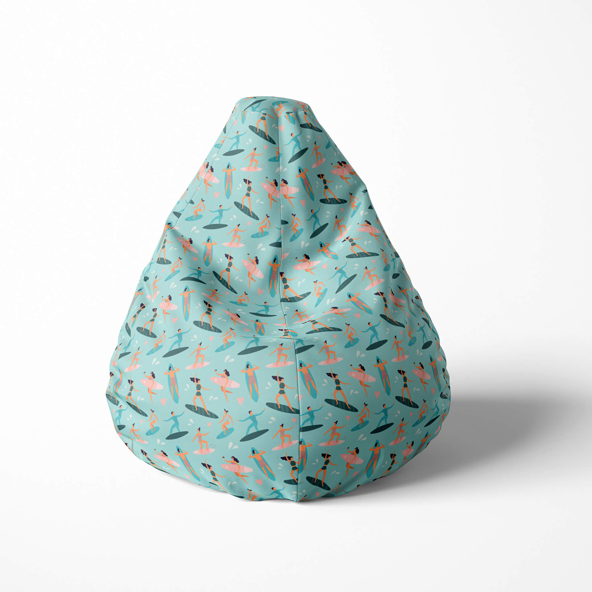 Front image of a beanbag with a surfers pattern on a light blue background