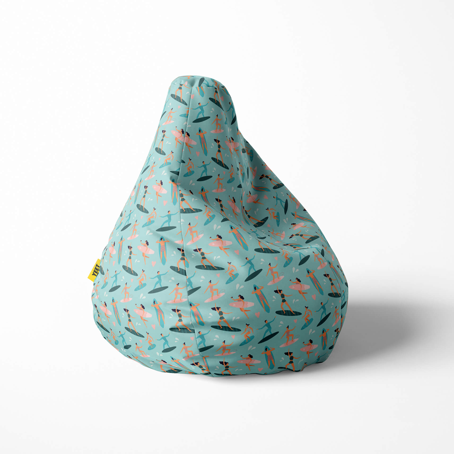 Right image of a beanbag with a surfers pattern on a light blue background