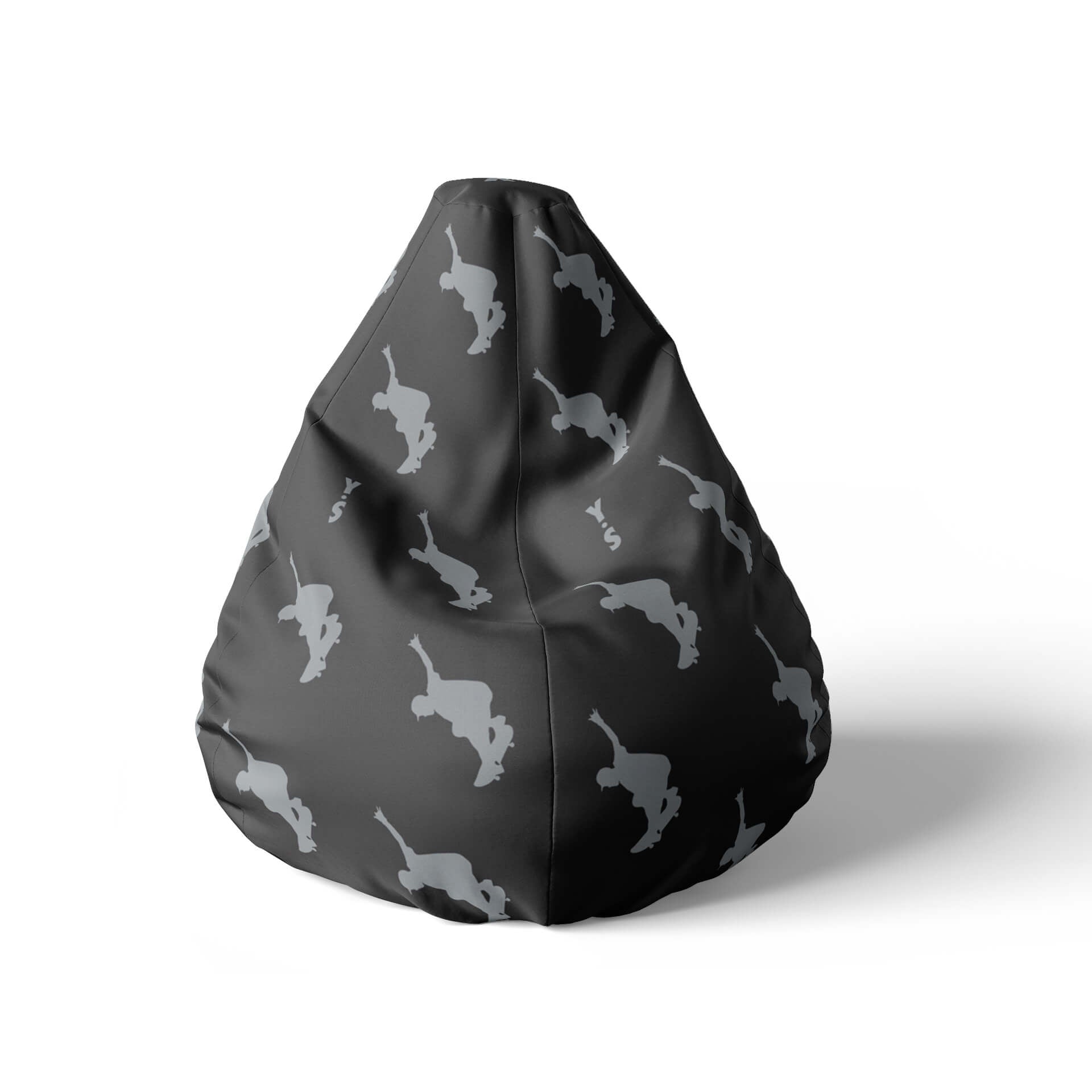 A front view image of a black beanbag with skater silhouettes on a white background.