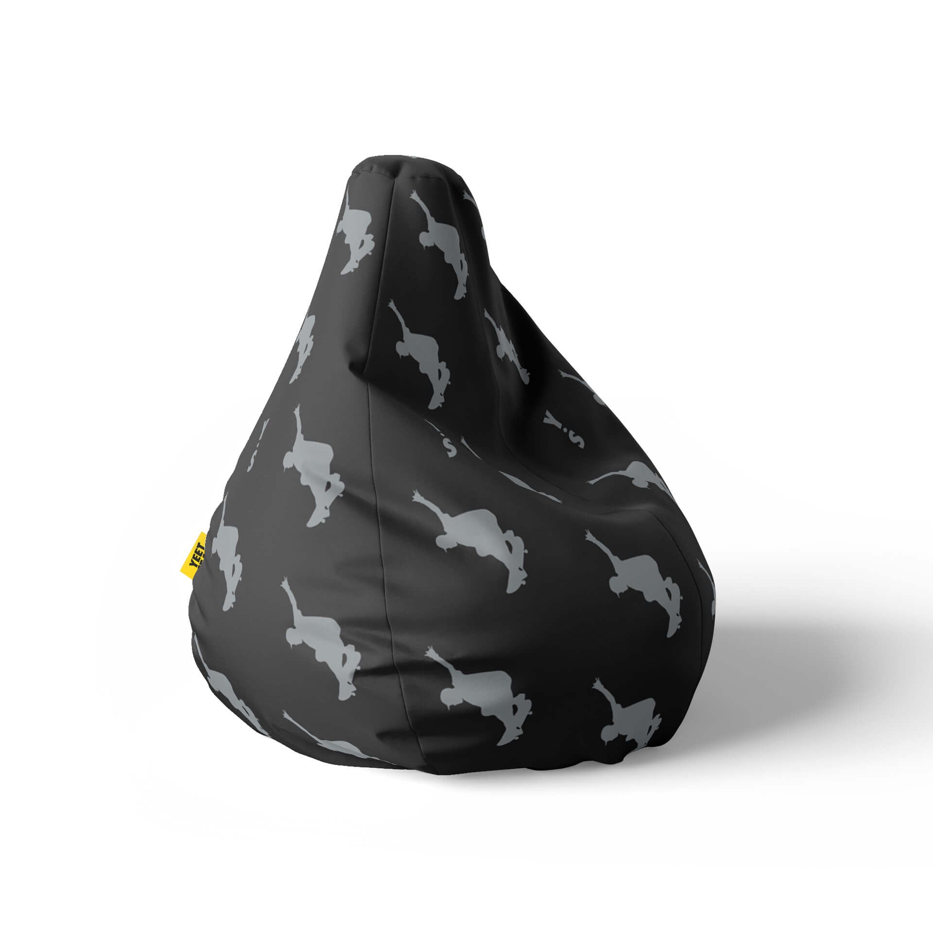 A right side image of a black beanbag with skater silhouettes on a white background.