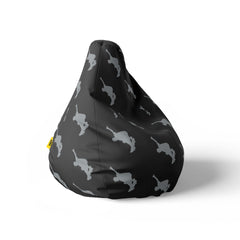 A right side image of a black beanbag with skater silhouettes on a white background.