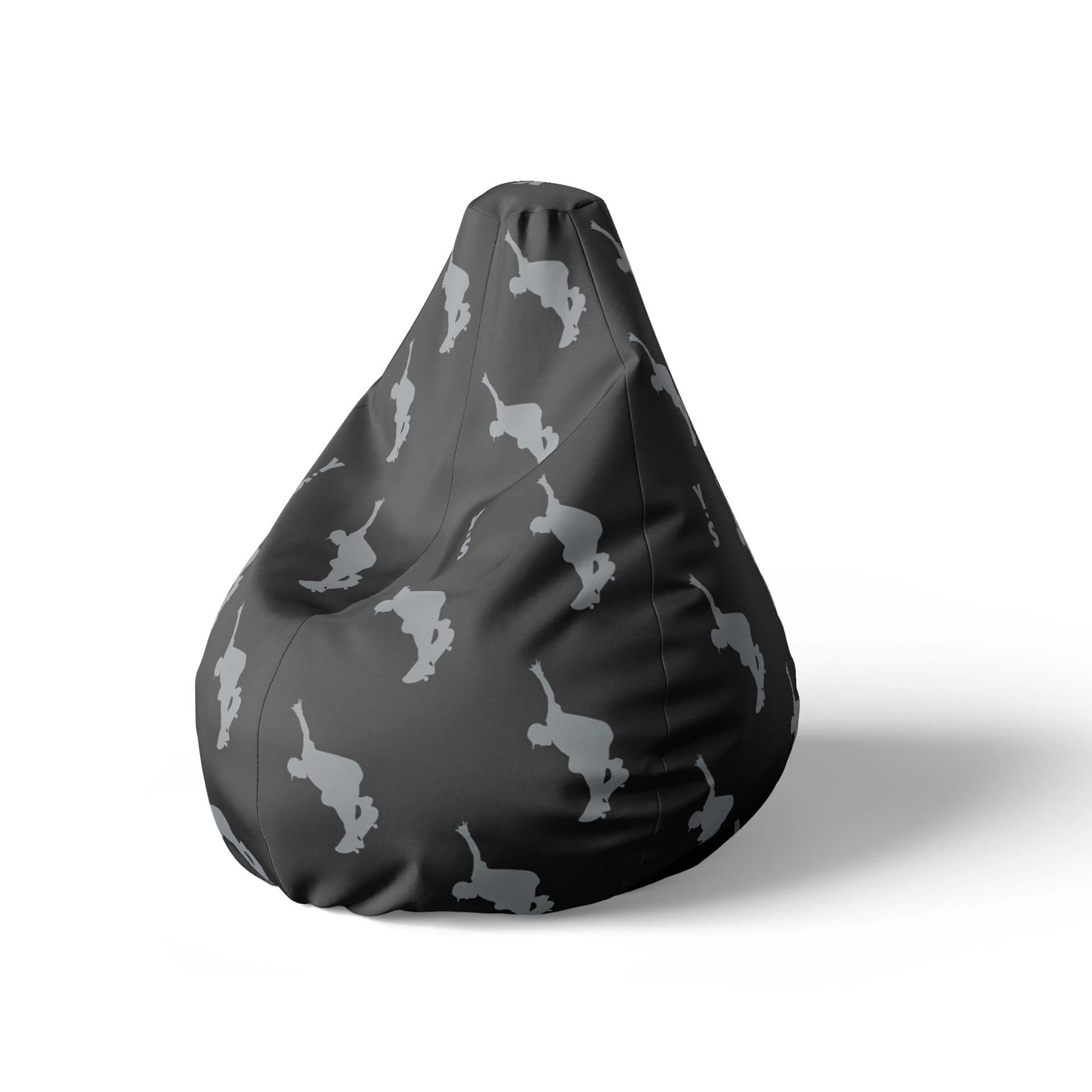 A left side image of a black beanbag with skater silhouettes on a white background.