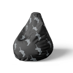A left side image of a black beanbag with skater silhouettes on a white background.