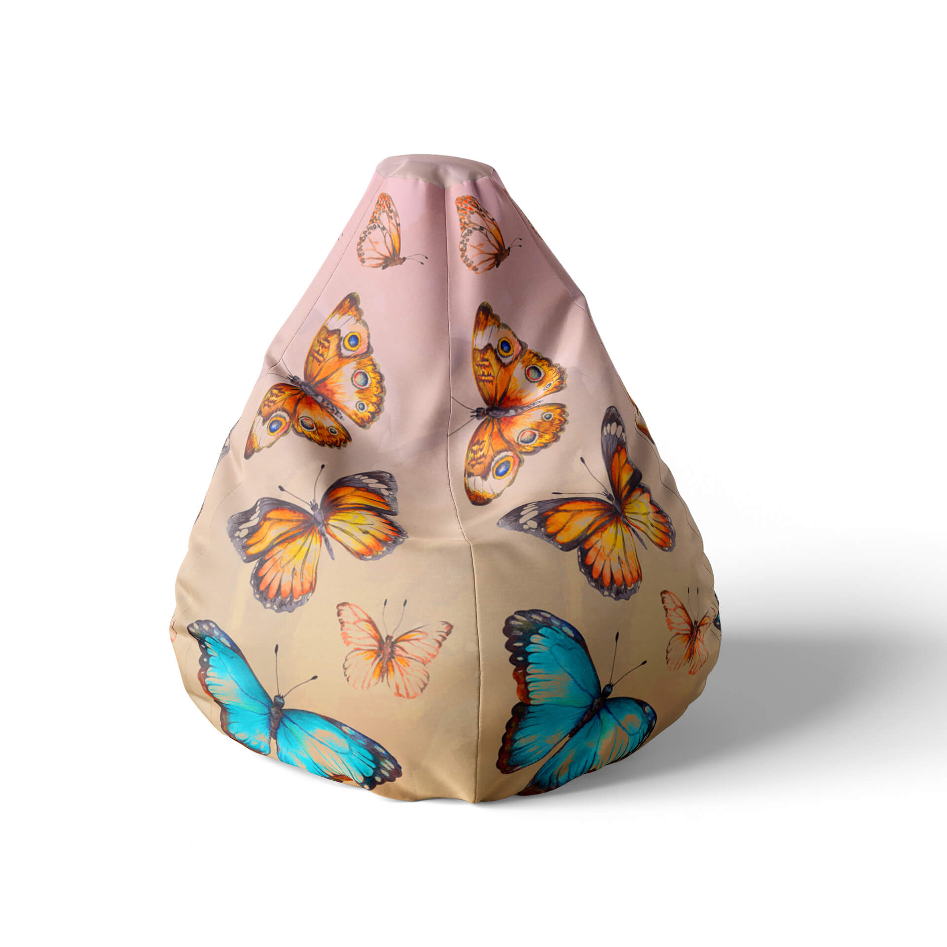 A front view image of a beanbag with butterfly design on a white background.