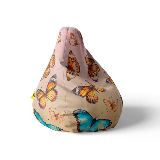 A right side image of a beanbag with butterfly design on a white background.