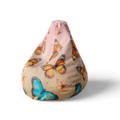 A left side image of a beanbag with butterfly design on a white background.