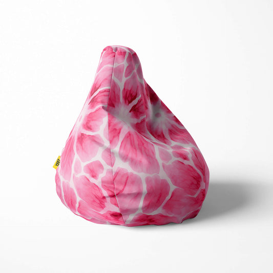 Right image of a beanbag with a pink and white floral watercolor pattern.